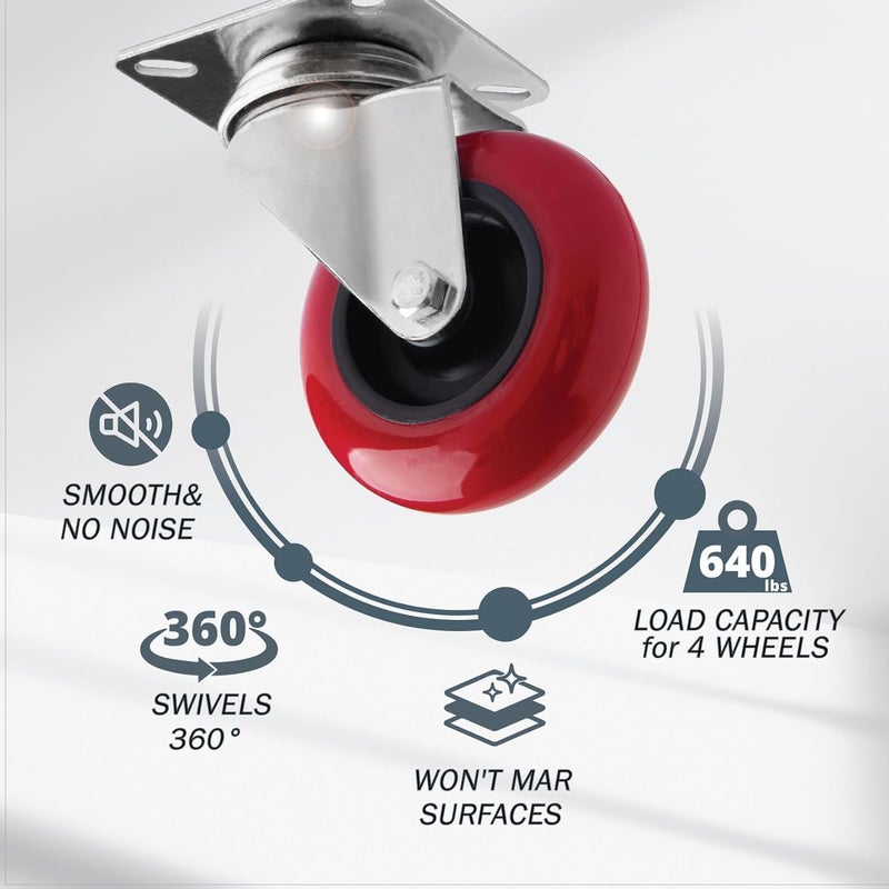 POWERTEC 3 Inch Swivel Caster Wheels Set of 4 with 640 lbs Loads, Heavy Duty Plate Casters, PU Castor Wheels for Furniture, Cart, Dolly and Workbenches (17206) - Image 3